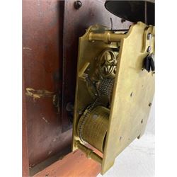 Joseph Critchley of Liverpool -  early 19th century twin fusee 8-day rosewood and mother of pearl inlaid drop-dial wall clock c1820, inlaid circular wooden dial surround with carved ears representing grapes and vine leaves, glazed box with a scroll carved surround, curved base and pendulum adjustment door, 14” painted dial with Roman numerals, minute track, and pierced steel hands within a cast brass bezel and flat glass, dial pinned to a four pillar chain driven fusee movement striking the hours on a bell. With pendulum and key.