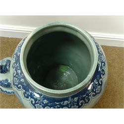  Large 20th century Chinese blue and white crackle glaze baluster jar and cover, decorated with traditional Oriental scenes, Dog of Fo finial, H63cm  