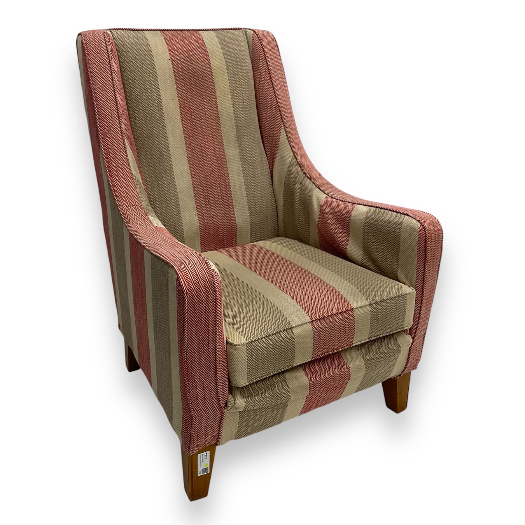 Multiyork - 'Alpine' highback armchair, upholstered in red and beige herringbone striped fabric, gently sloped arms over loose seat cushion, raised on square tapered hardwood supports
