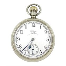 WWII Royal Navy nickel pocket watch by Waltham Vanguard, 23 jewels lever movement, white enamel dial with Arabic numerals and subsidiary seconds dial, the back case with broad arrow and engraved Bravingtons