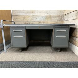 Art Metal, London - mid-20th century industrial metal twin pedestal desk, fitted with five drawers and two slides