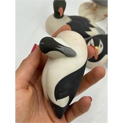 Group of eleven Scottish 'Isle of Arran' bisque porcelain birds, to include Great Northern Diver, Eider, great Crested Greebe, Artic Tern, King Penguin, etc.
