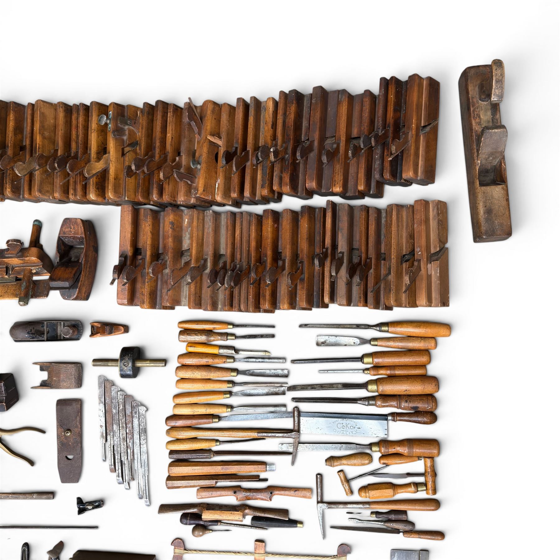 Collection of planes and woodworking tools including wood planes, chisels, hammers etc along with three books (Antique Woodworking Tools, Timber Preservation and Woodworkers Pocket Book)