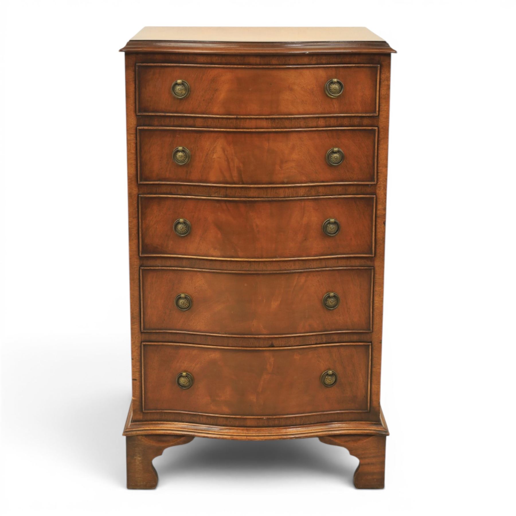 Reprodux - 20th century mahogany narrow serpentine chest, with six graduating drawers, later fitted with dividers, raised on bracket feet
