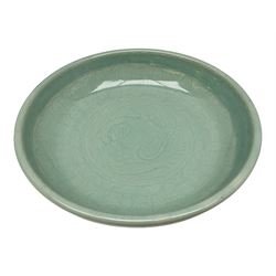 Agnete Hoy (1914-2000): Bullers studio pottery celadon glazed bowl, the interior with incised decoration depicting a Mermaid, D28.5cm