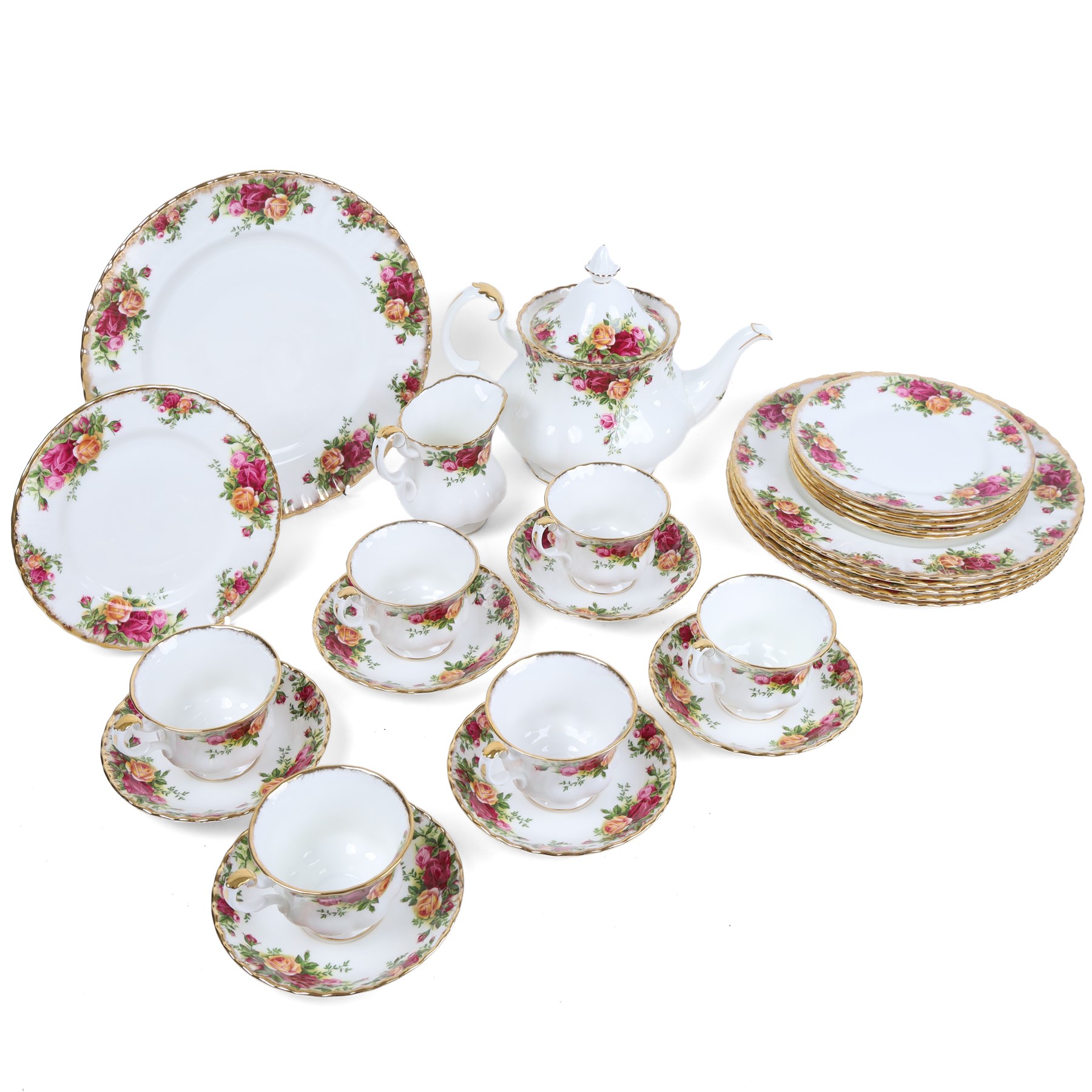 Royal Albert Old Country Roses part tea and dinner service, including teapot, milk jug, six tea cups and saucers, six side plates and six dinner plates
