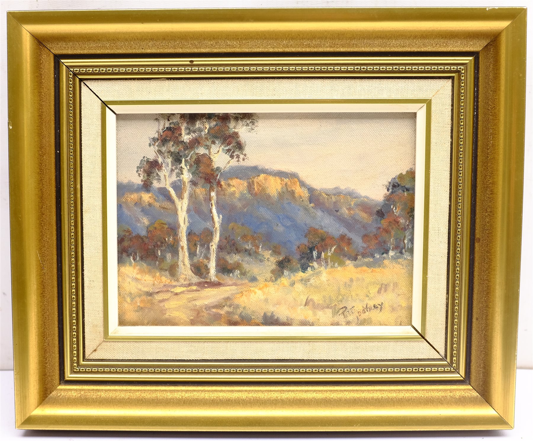 Pat Godfrey (Australian 1934-): 'Track in Megalong Valley' New South Wales, oil on board signed, titled on artist's studio label verso 14cm x 19cm; Blacke (Contemporary): Dark Skies, acrylic signed 20cm x 43cm (2)