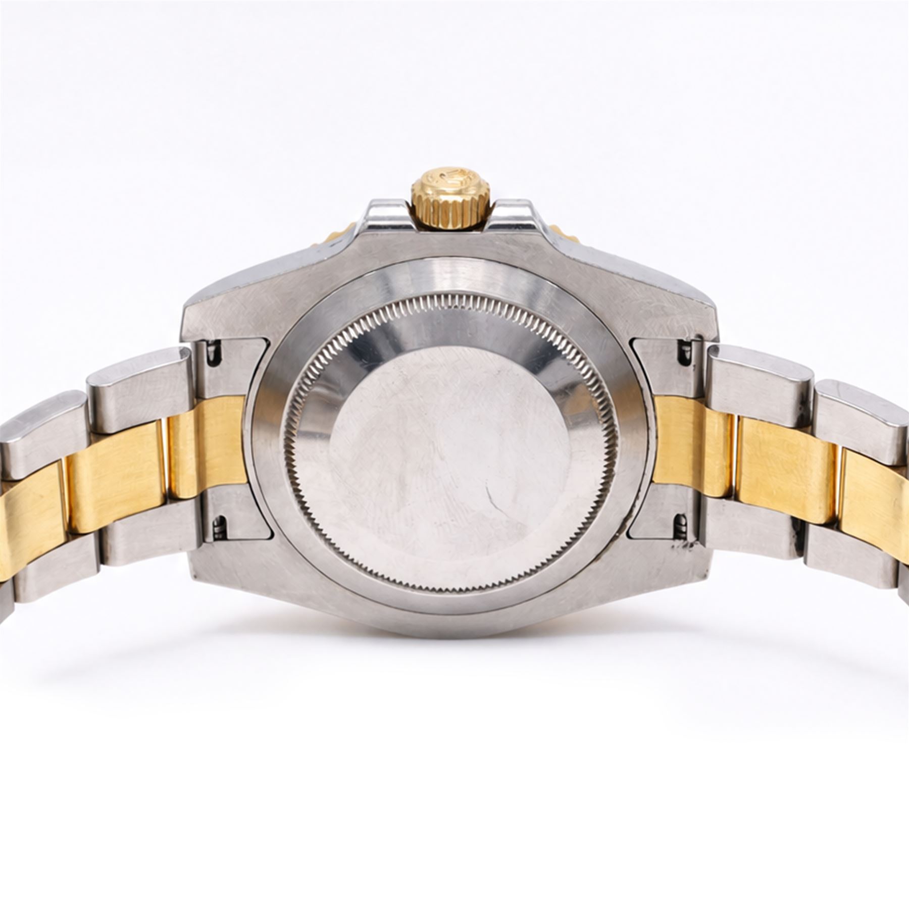 Rolex Oyster Perpetual Submariner Date gentleman's stainless steel and gold automatic wristwatch, Ref. 116613LN, serial No. 8201P7C5, back dial with luminous hour markers, unidirectional rotating black ceramic bezel, on stainless steel and yellow gold Rolex Oyster bracelet with fold-over clasp, boxed with guarantee card dated 2013