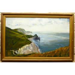 Hugh Webster (British 1963-): 'Durdle Door from Swyre Head, West Lulworth', oil on board signed, titled signed and dated Spring 1989 verso 36cm x 60cm