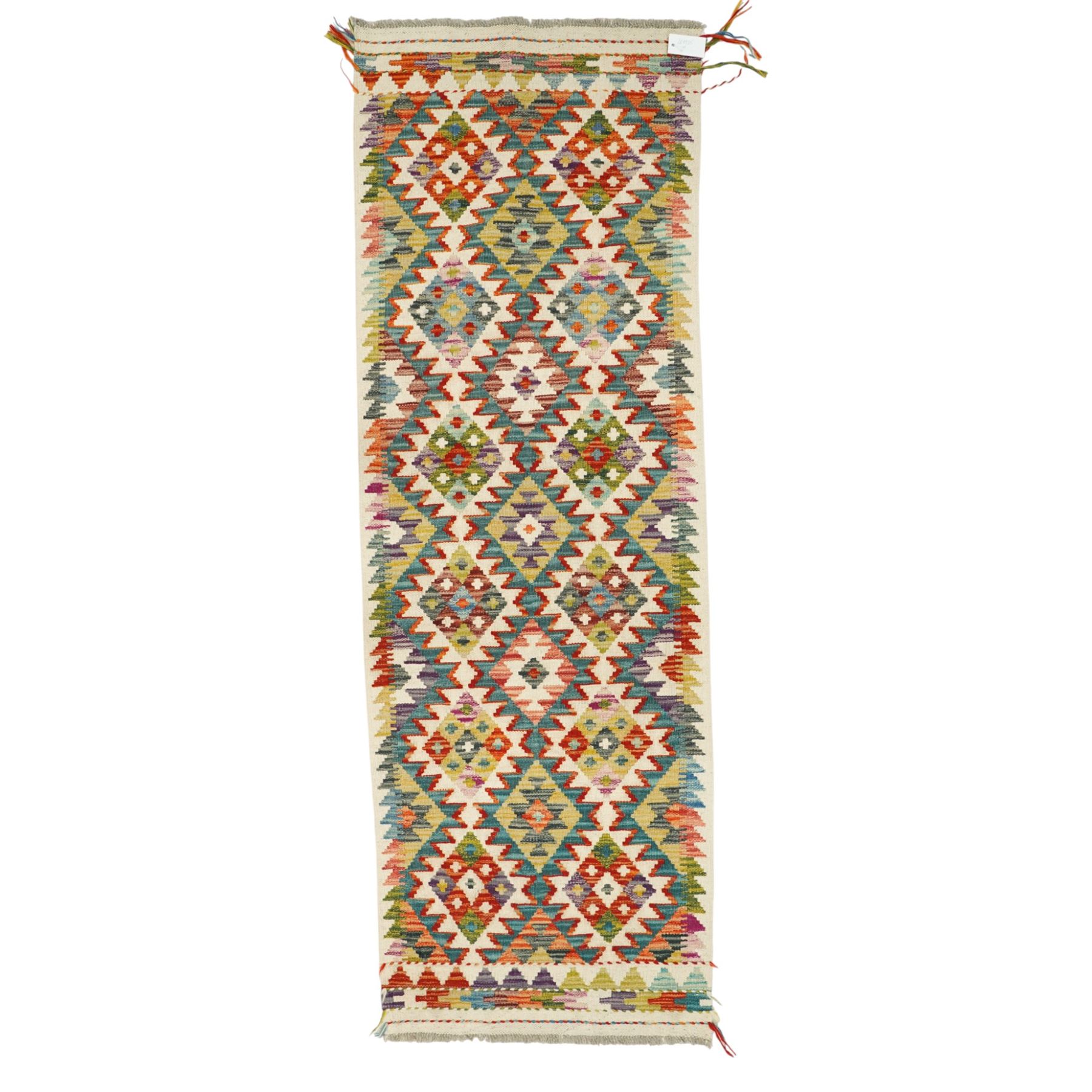 Chobi kilim runner, flatwoven with repeating hooked diamond motifs in shades of red, green, blue, yellow and cream, framed by geometric guard borders