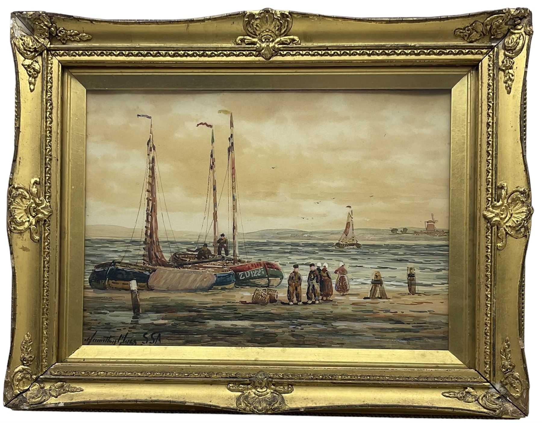 John Hamilton Glass (Scottish 1820-1885): Dutch Fishermen on the Shore, watercolour signed 24cm x 34cm; Manner of Henry Barlow Carter (British 1804-1868): Boats Unloading on the Shore, watercolour unsigned, various labels verso 17cm x 24cm; R Bayles (British 20th century): 'Morning Mists', watercolour signed titled and dated 1947, 14cm x 26cm (3)