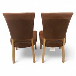 Contemporary oak dining suite, comprising rectangular table with solid top and square legs, together with four brown leather upholstered dining chairs with oak legs (5)