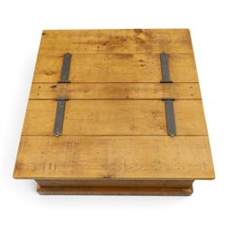 Indigo Furniture - rustic oak coffee table with double-hinged top concealing compartment, on skirted base