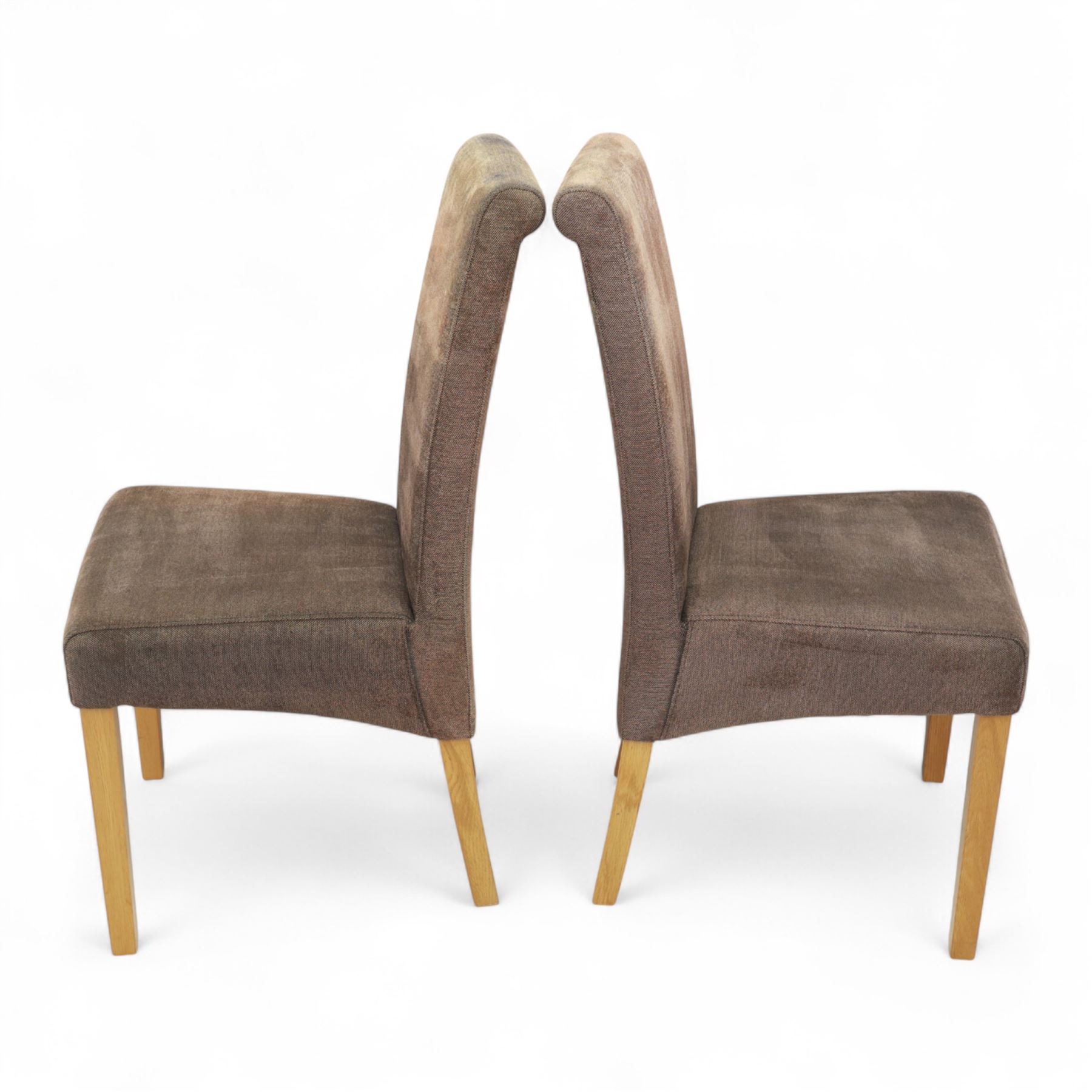 Contemporary pine farmhouse table and four chairs, rectangular top with rounded corners and waxed finish, raised on turned legs painted in terracotta red, set of four contemporary dining chairs, fully upholstered in taupe microfibre fabric with gently flared backs, on square section oak effect legs