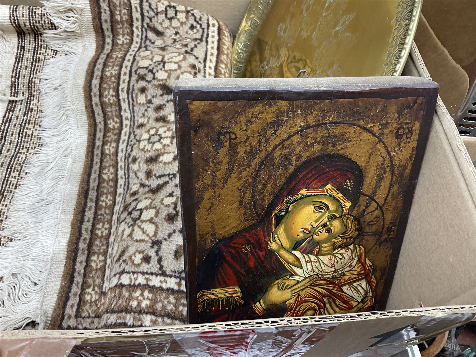 Silver plated jewellery box with foliate decoration and domed hinged lid, further silver plate and other metalware,
Icon of Mary and baby Jesus on wood, quantity of craved treen, rug etc