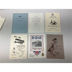 Framed WW2 'Special Order of the Day' poster date 24th May 1940 relating to Narvik in Norway; WW1 Princess Mary Christmas tin with quantity of uniform buttons; cigarette silk of the Prince of Wales in uniform; Royal Navy dinner menus, including HMS Daedalus Taranto forty-third, forty-fourth and forty-fifth anniversary dinners, 1983-1985, the wardroom mess summer ball, etc   