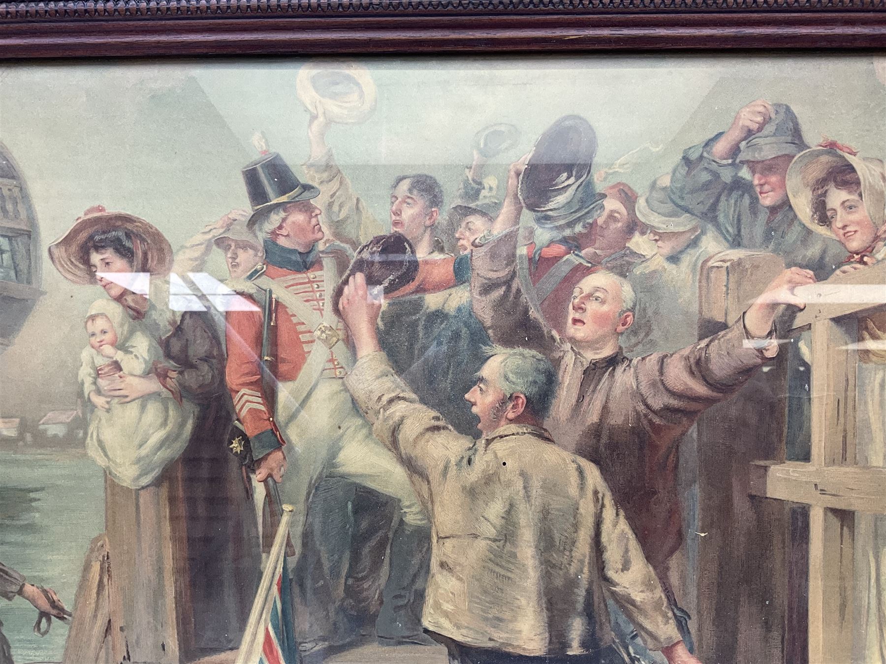 After Fred Roe, pair of colour prints of Lord Nelson, one titled 'Good-bye My lads', the other depicting Nelson walking through the streets of Portsmouth, 52 x 81cm, modern mahogany frames (2)