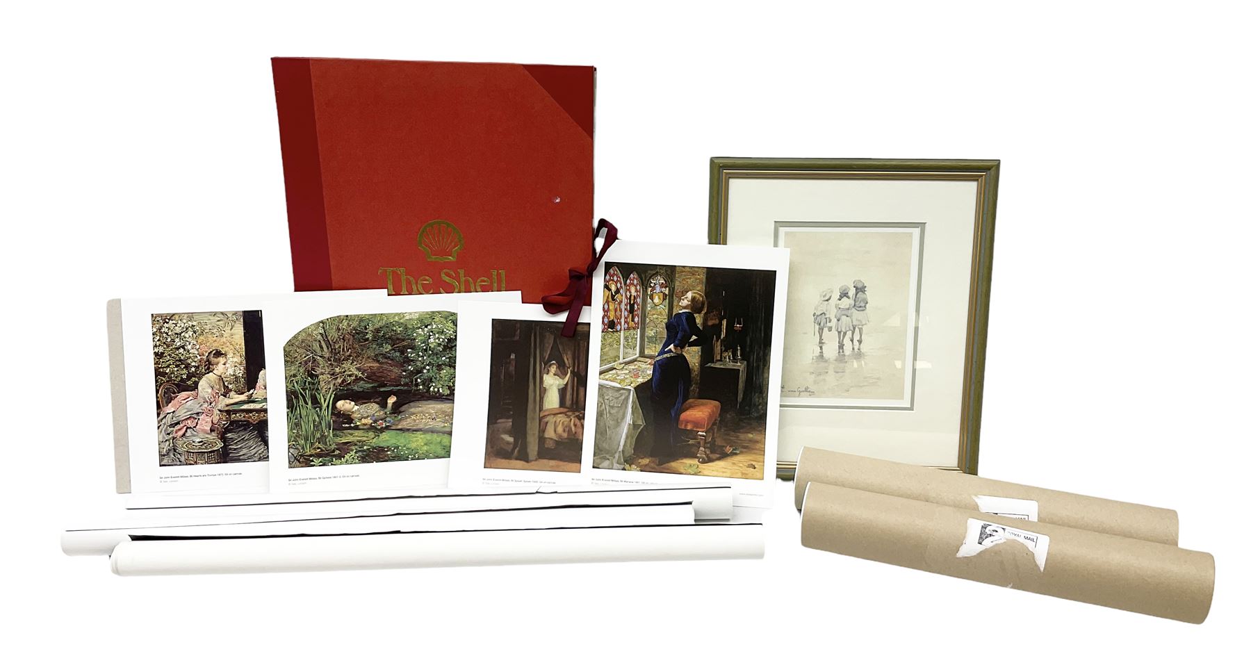 Three unframed posters - John Lennon, Frank Sinatra and Charlie Chaplin; quantity of unframed prints including The Shell Collection portfolio; and a framed print