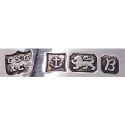 Modern silver mounted cut glass ships decanter, the silver collar hallmarked Charles S Green & Co Ltd, Birmingham 1976, H26.5cm, together with a modern silver mounted glass vase, of slightly tapering cylindrical form etched with ferns and fronds, the silver collar hallmarked London 2001, makers mark W W, H19cm, (2)