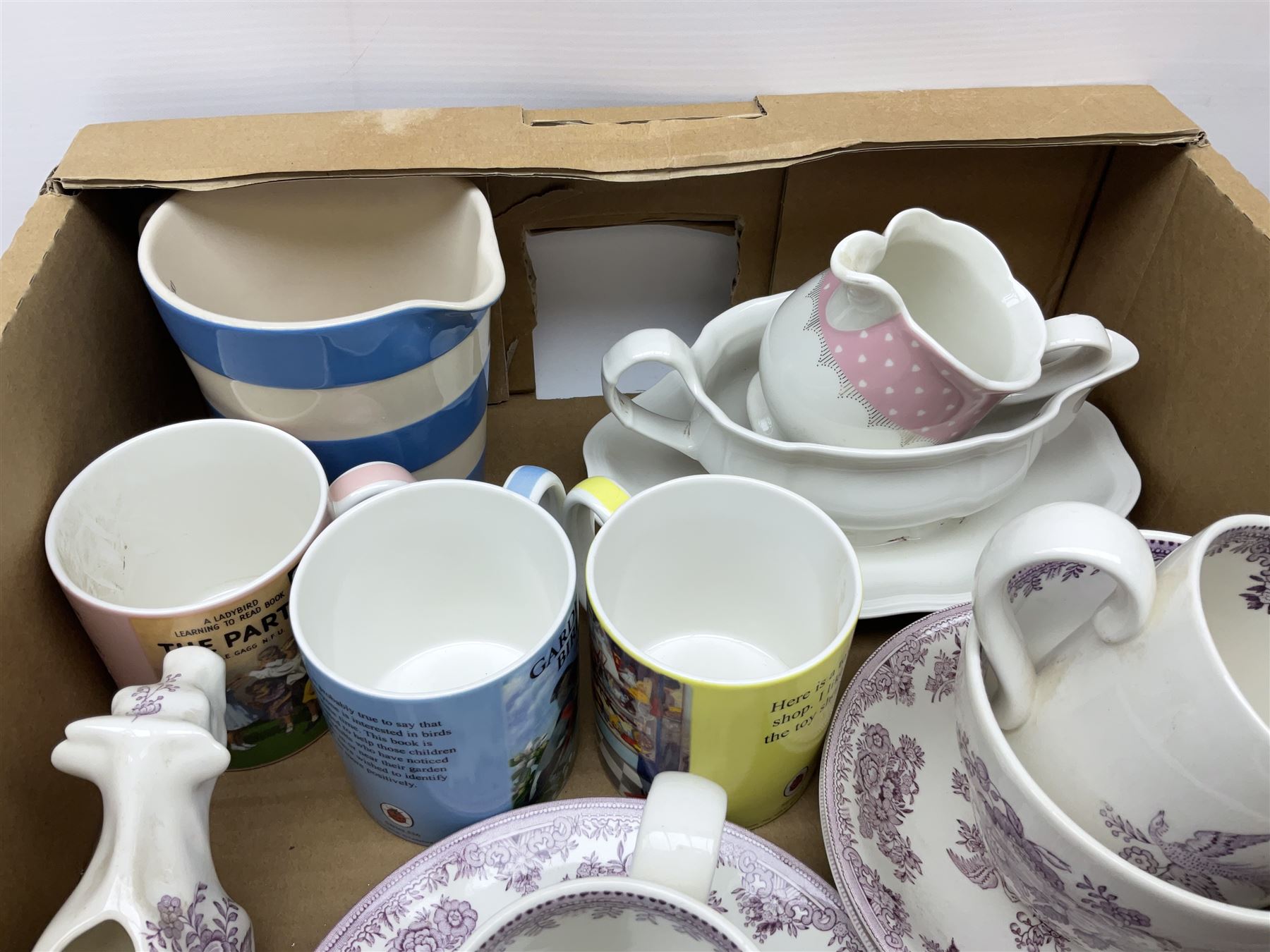 Shelley bowl, TG Green measuring jug, Villeroy & Boch sauce boat and stand, Burleigh Asiatic Pheasants plum cow creamer, cylindrical vase, mugs, bowls, jug etc, Spode 'Full Cry' The Hunt plate, Spode Ladybird mugs, Portmeirion, Meakin, Carlton China, teawares, ceramics etc