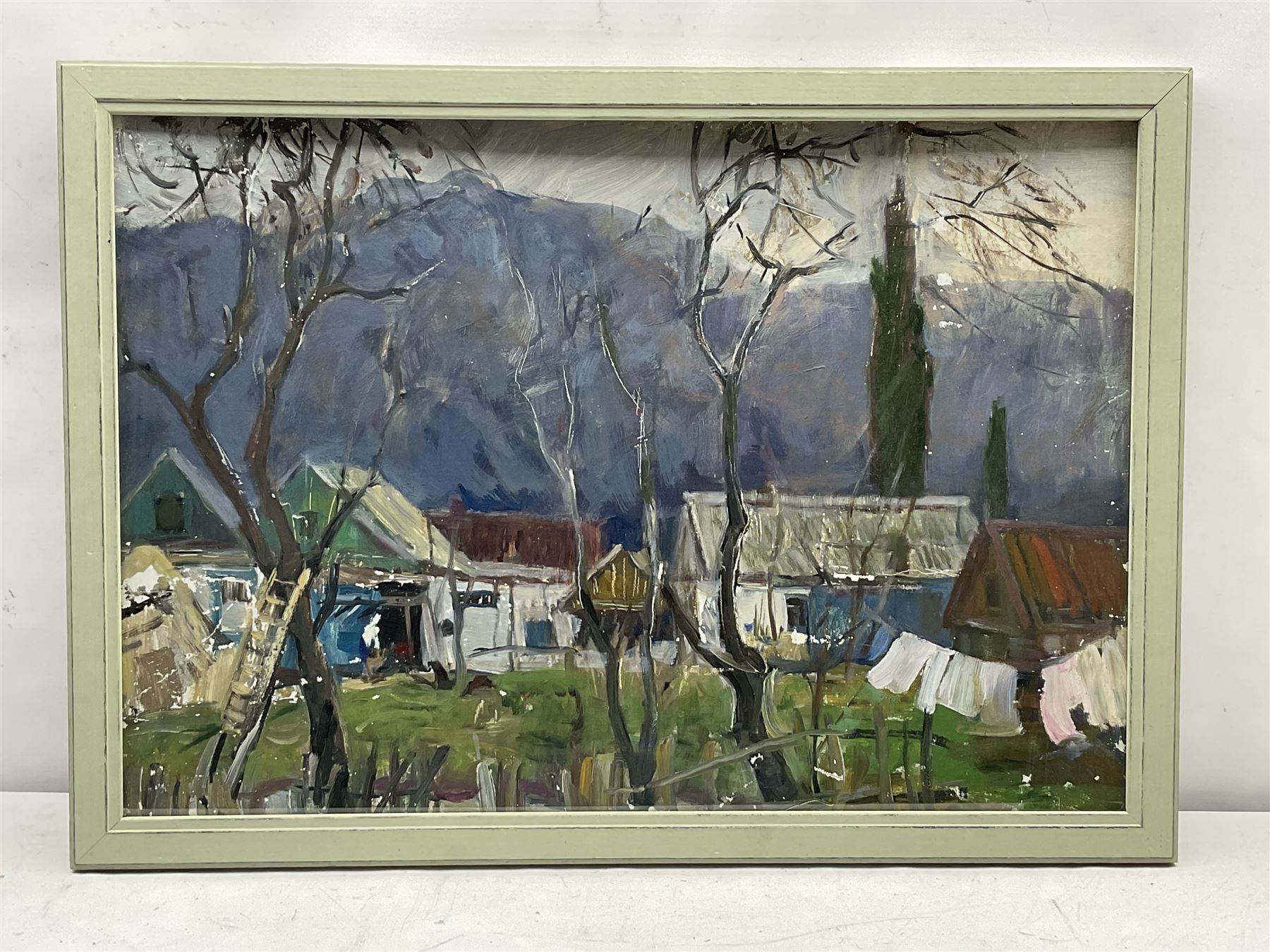 Alexander Georgievich Gulyaev (Russian 1917-1995): Russian Village around the Dachas, oil on board signed titled and dated 1990 verso 47cm x 68cm