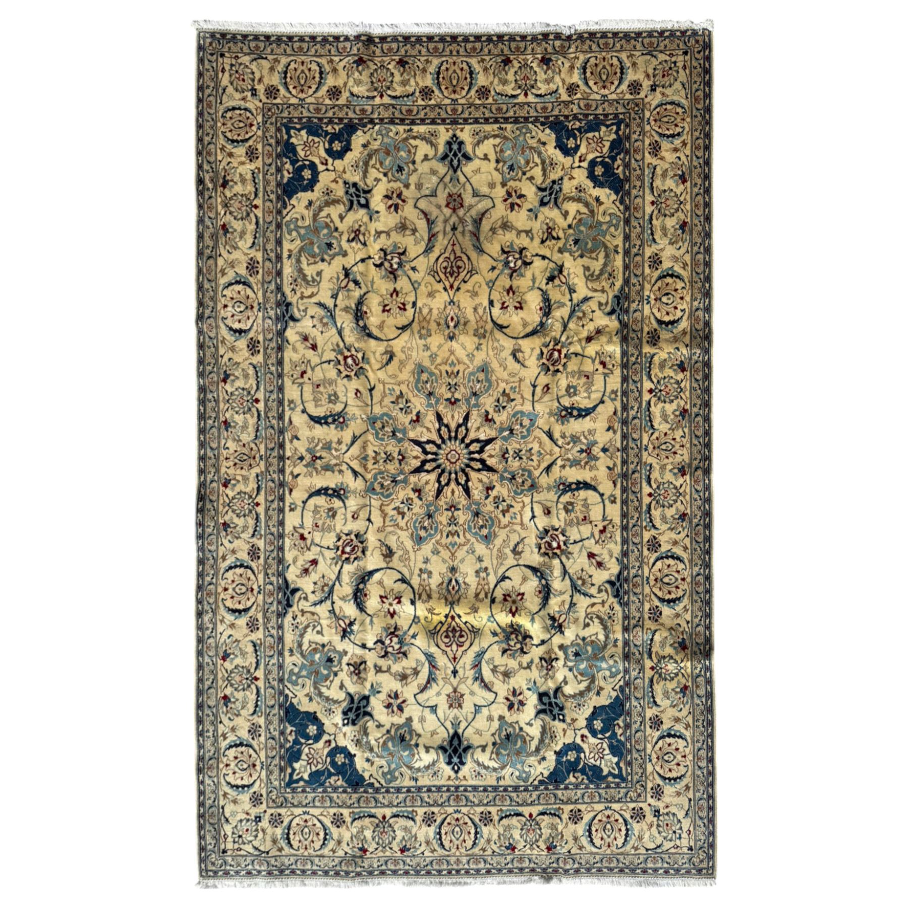 Nain Persian rug, hand knotted with a central medallion surrounded by a symmetrical arrangement of floral motifs, arabesques, curvilinear vines on an ivory background with teal and burgundy colours 