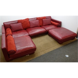  Large corner sofa group upholstered in red leather with footstool, W305cm  