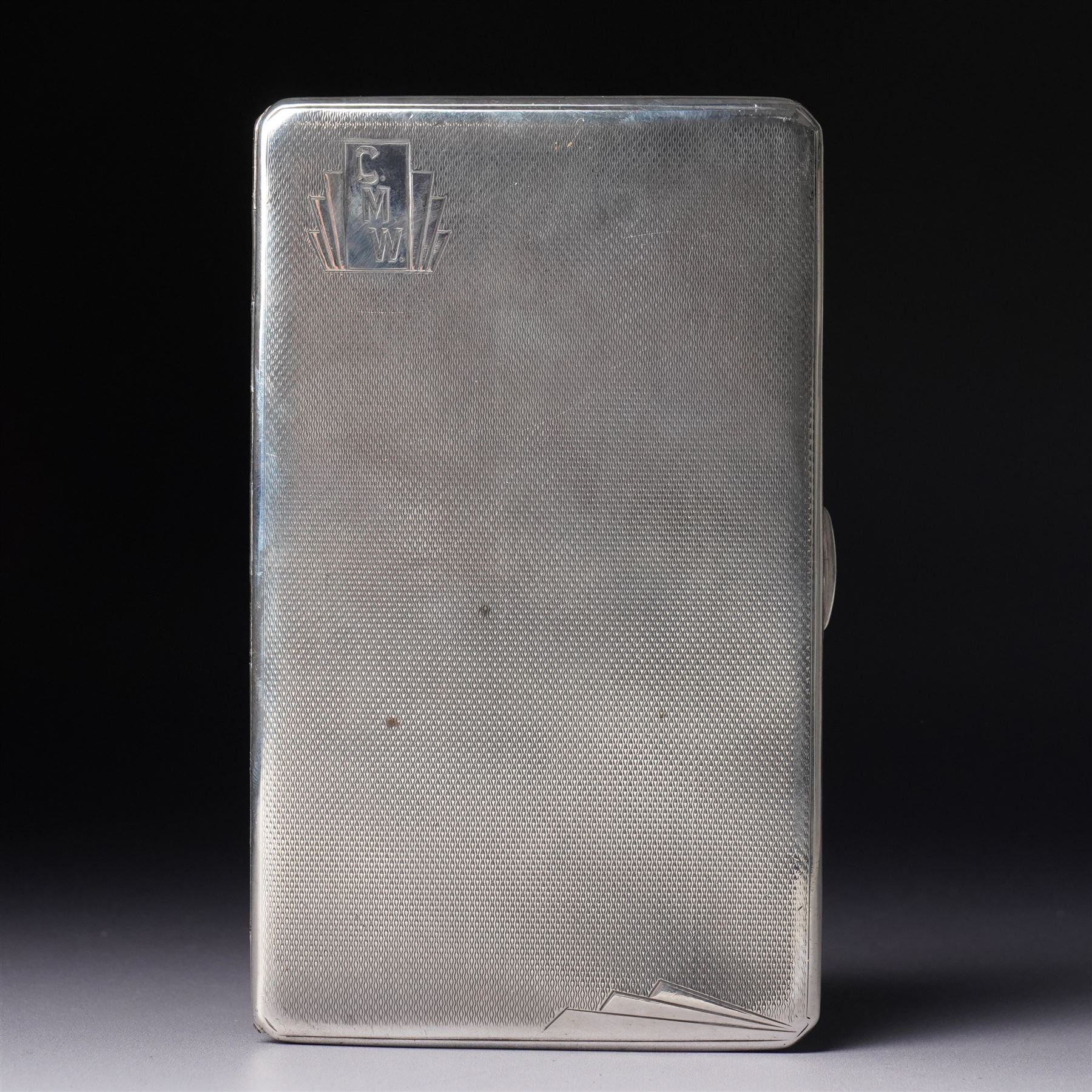 Engine turned silver cigarette case engraved with initials Birmingham 1935 Maker Frederick Field