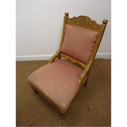  Victorian style beech framed armchair, carved scrolling frame, upholstered in a floral fabric, knuckle feet (W93cm), a carved oak framed upholstered salon chair, turned supports (W64cm) and another armchair (3)  