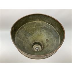 Agricultural copper corn funnel, H32.5cm, another similar copper funnel and copper warming platter of oval form, with twin handles on four supports, with removeable warming plate, L49cm