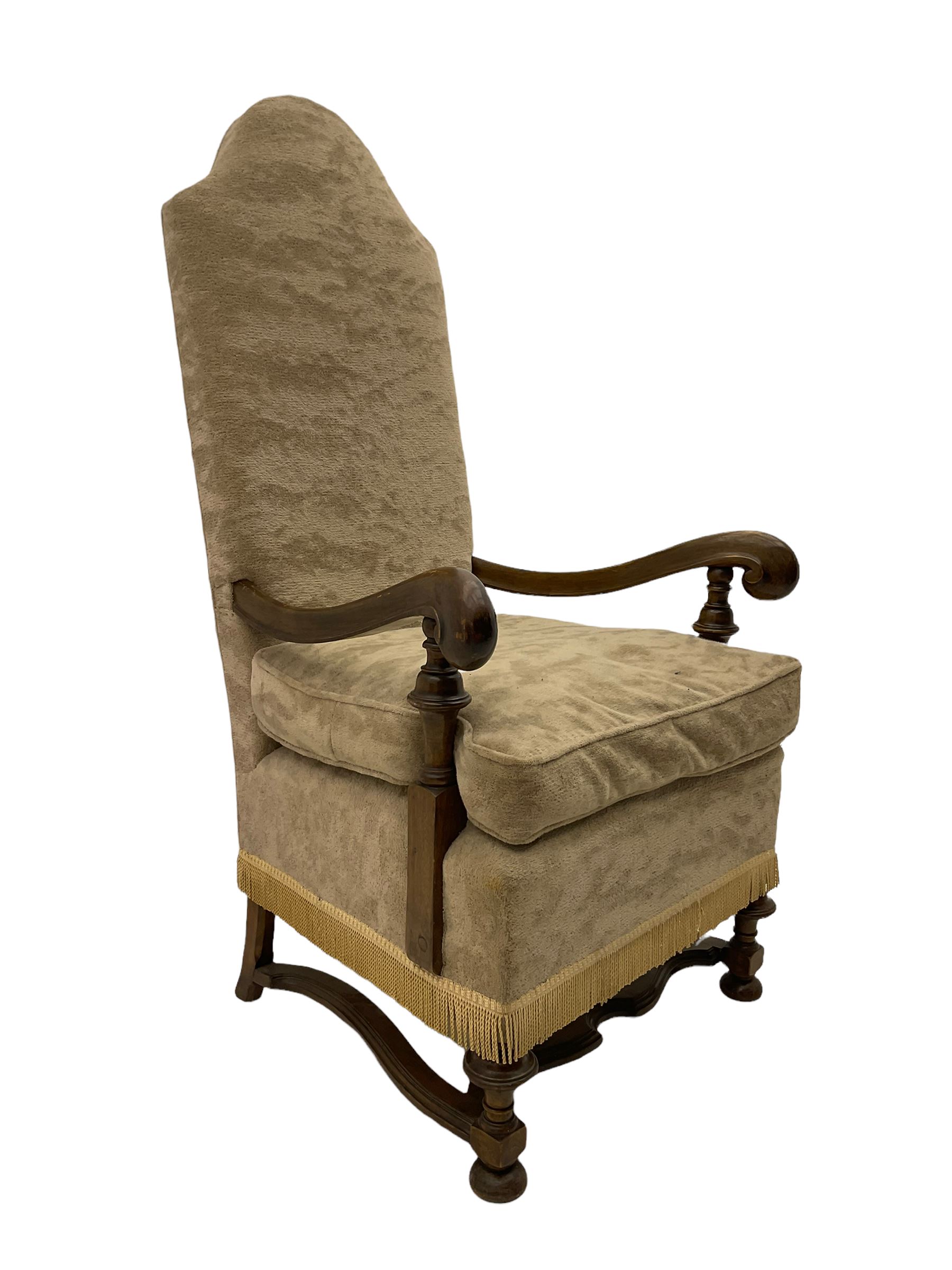 18th century design Continental walnut framed armchair, high shaped back, scroll arms