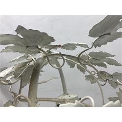 Table lamp, scrolled branches entwined with vine leaves and a milk glass grape shade, H52cm