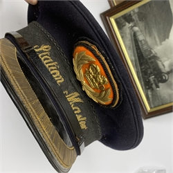 Station Master's peaked cap by J. Compton Sons & Webb Ltd; three cap badges and B.R.(E) whistle; two hand lamps; and six modern framed prints of steam trains; together with an early under car heater