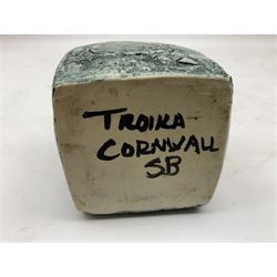 Troika cube vase, designed by Sally Bart, with a geometric design, with painted marks to base, H9.5cm.