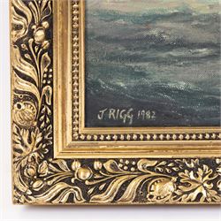 Jack Rigg (British 1927-2023): Kirkudbright Trawler KY209 'Ocean Venture' leaving Whitby Harbour in a Squall, oil on canvas signed and dated 1982, 50cm x 75cm