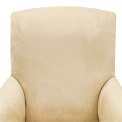 Sofas & Stuff - pair of ‘Thistle’ armchairs upholstered in neutral fabric, each with gently sloping back, padded scroll arms with close-set stud detailing, loose seat cushions, raised on turned wooden legs with brass castors