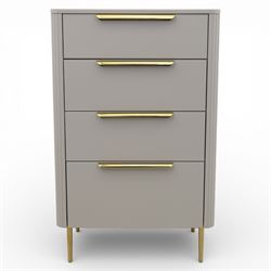 Made.com - 'Ebro' grey four drawer chest, gold painted metal shaped handles, rounded corners with fluted detail, raised on gold painted metal tapered supports