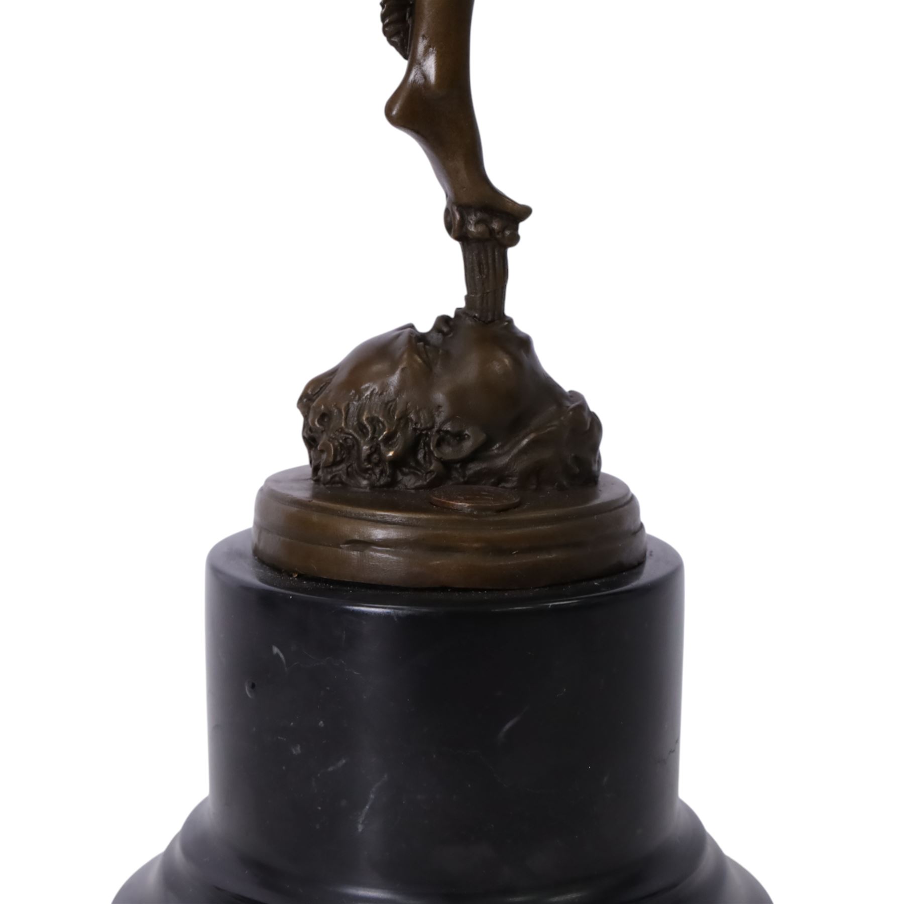 After Giambologna (Flemish 1529-1608): Bronze figure of Mercury holding a caduceus, on black marble base H43cm 