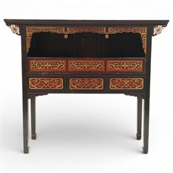 Chinese black lacquer Buddha cabinet, moulded top over open display recess framed by pierc...