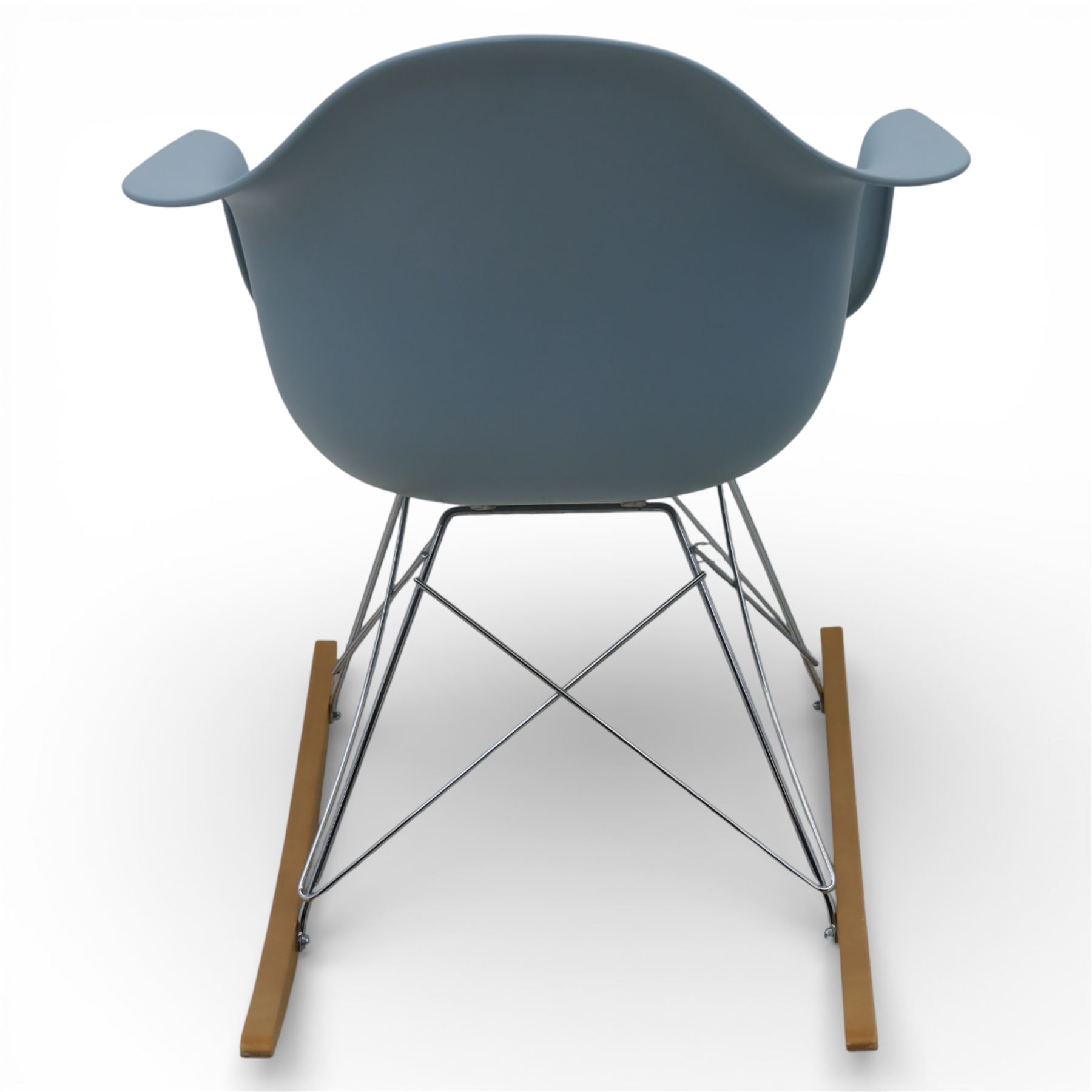 Vitra - RAR rocking chair, moulded plastic shell in ice grey with integrated arms, raised on chrome wire supports with stained wooden rocking runners