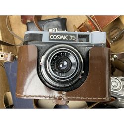 Collection of camera and equipment, to include Canon PowerShot S500, Cosmic 35, polaroid 320, etc, in two boxes  