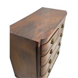 Early 19th century mahogany chest, two short and three long drawers, canted corners with cluster column pilasters, on turned feet