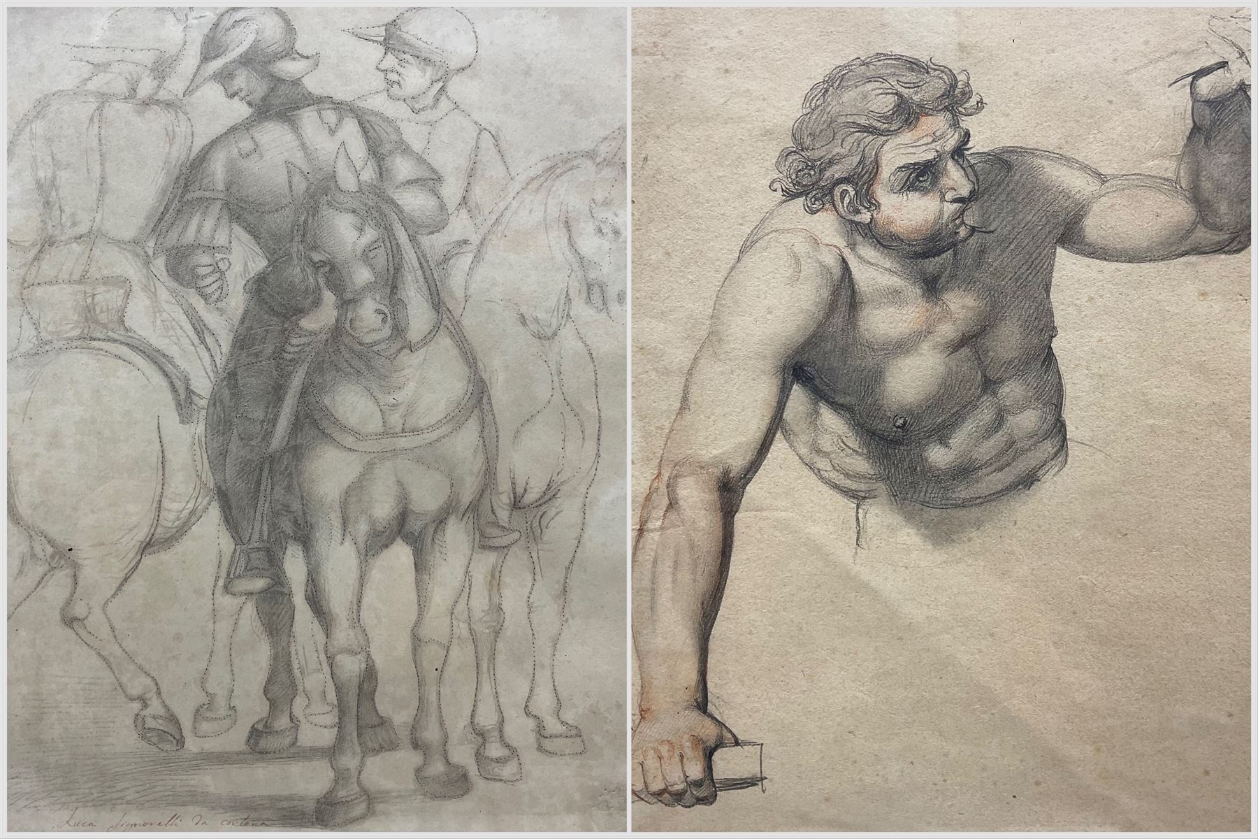Italian School (19th Century) after Luca Signorelli (Italian 1445-1523): Knights on Horseback and Man Blowing a Horn, two pencil sketches unsigned max 34cm x 26cm (2)