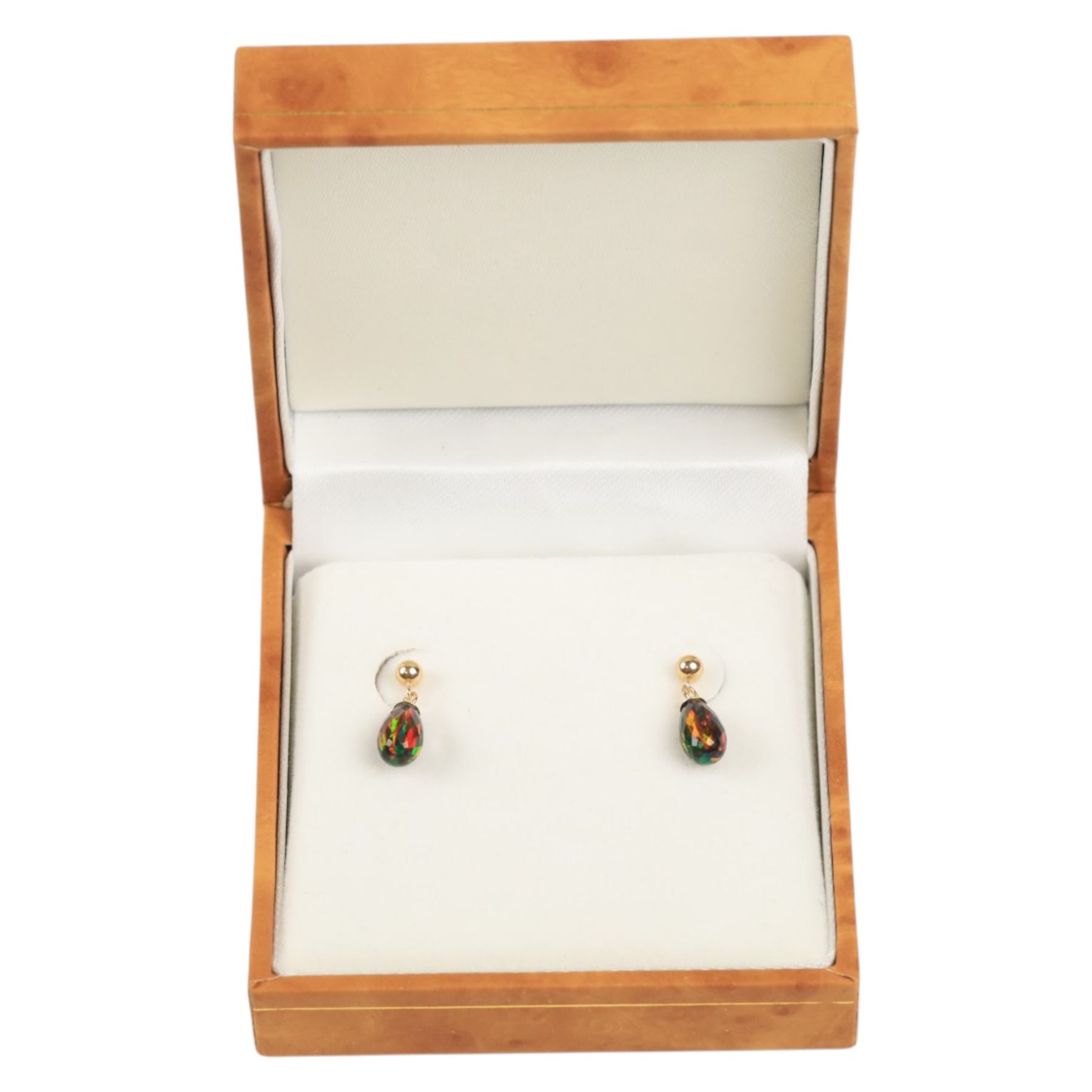 Pair of 9ct gold opal pendant earrings, boxed