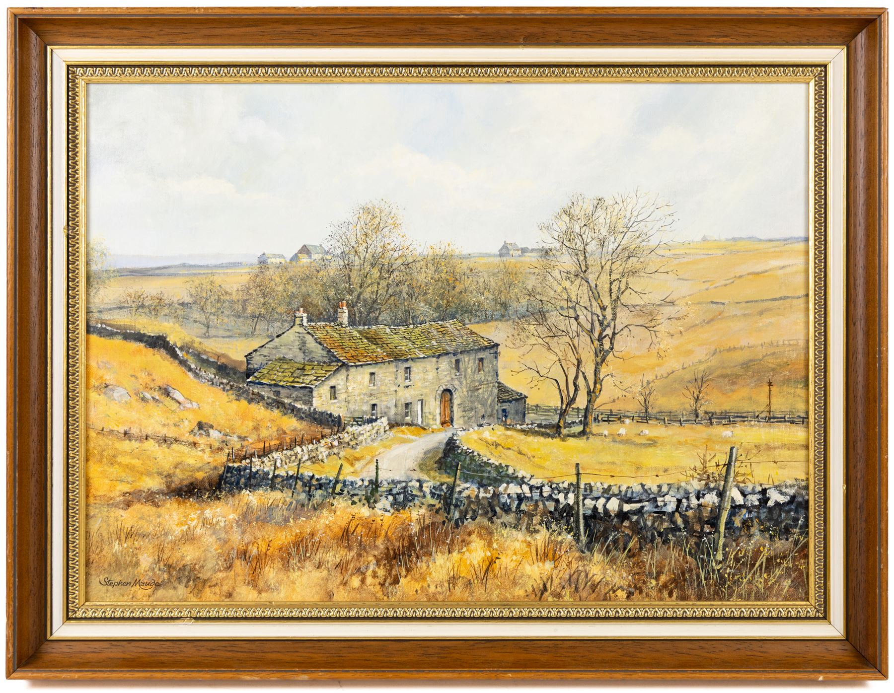 Stephen Maude (British 1919-): 'Greenhow Farmstead - North Yorkshire', acrylic on canvas laid on to board signed, titled and dated 1984 verso 39cm x 55cm