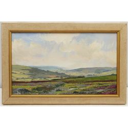 Don Micklethwaite (British 1936-): 'Fryup Dale' near Whitby, oil on board signed, titled on gallery label verso 23cm x 40cm; English School (20th century): Lake Scene with Flowers, oil on board unsigned 19cm x 31cm (2)
