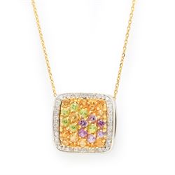 18ct gold multi gemstone set flower pendant necklace, white gold pendant pave set with cit...