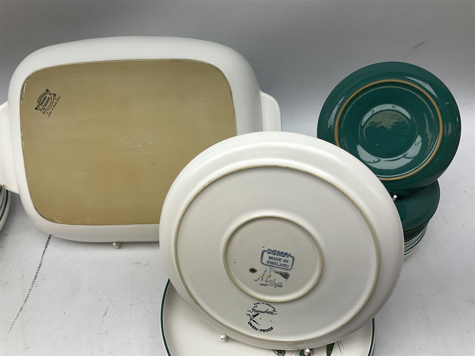 Denby Greenwheat pattern part dinner and tea service, to include six dinner plates, six side plates, six dessert plates, six bowls, four serving dishes of various sizes, teapot, two milk jugs etc (47)