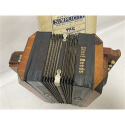 Three European concertinas, comprising Viceroy German concertina with 21 keys, hexagon wooden frame and 8 fold bellows
Oak framed concertina with 12 keys and 8 fold bellows
Commander concertina with 12 keys and 12 fold bellows
With tutor