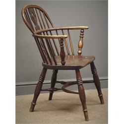  19th century elm and ash low back Windsor armchair, stick and pierced splat back, crionline stretcher, W60cm, H89cm, D45cm  